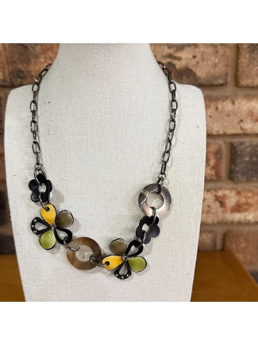 Floral enamel, mother of pearl and rhinestone statement Necklace